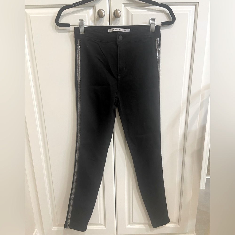 Celebrity Pink black high rise skinny jeans with sequins on each side, size 1/25
